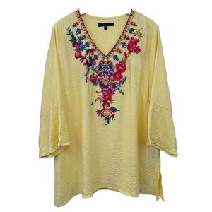 Calessa Tunic Top Shirt‎ 2X Floral Embroidered Crinkle 3/4 Bell Sleeve Blouse